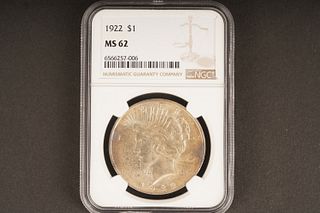 1922 $1 MS 62 Graded by NGC, in holder
