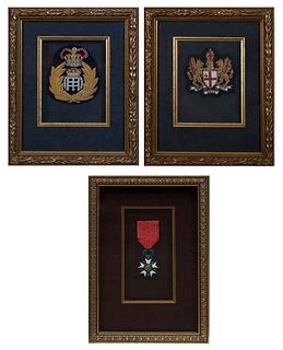 Three Pieces of Military Memorabilia, consisting of a French Republic Legion of Honor Enamel medal; a gold thread embroidery of the City of London Coa