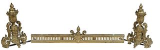 French Brass Fire Place Set, 20th c., consisting of a pair of urn form chentes, joined by a pierced spindled adjustable rail, Chenets- H.- 13 1/4 in.,