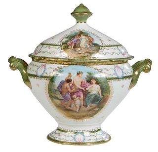 Sevres Style Porcelain Covered Bowl, 20th c., with gilt and floral decoration and transfer decoration of garden scenes, after Salvator Rosa (1615-1673