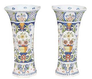 Pair of Continental Faience Trumpet Vases, 20th c., of waisted octagonal form, with colorful floral decoration, the underside marked "KB, 165," H.- 11