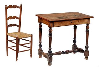 French Louis XIII Style Writing Table, 19th c., the rectangular top over a frieze drawer, on turned tapered cylindrical and block legs with ball feet,