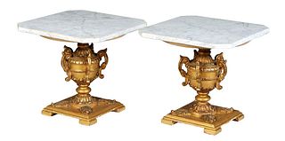 Pair of Contemporary Marble Top Low Tables, 20th c., the figured canted corner white marble on a gilt composition handled urn support, to a stepped sq