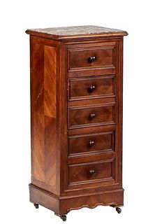 French Louis Philippe Carved Walnut Marble Top Nightstand, early 20th c., the inset highly figured brown marble over a frieze drawer, a faux double dr