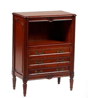 Unusual French Louis XV Style Carved Cherry Nightstand, 20th c., the stepped cookie corner top over open storage, above a bank of three drawers, on tu