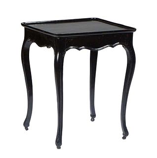 French Black Lacquer Carved Beech Louis XV Style Side Table, 19th c., the square dished top over a serpentine skirt, on cabriole legs with toupie feet
