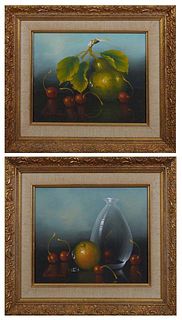 Wallace, "Still Life with Fruit and Vase," and "Still Life with Pear and Cherries," 20th c., pair of oils on canvas laid to board, both signed lower l