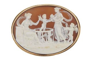 14K Yellow Gold Framed Cameo, Brooch early 20th c., with a classical scene of women and putti, H.- 1 7/8 in., W.- 2 7/16 in.