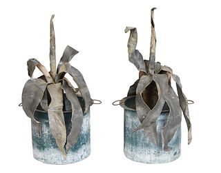 Unusual Pair of Lead Agave Decorative Circular Planters, 19th c., H.- 17 3/4 in., W.- 14 in., D.- 10 in.