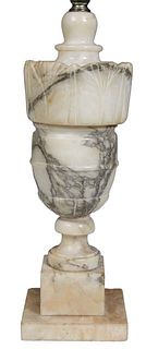 Continental Carved Figured Marble Urn Lamp, 20th c., with a leaf carved rim over a tapered ring form column, to a socle support on a stepped square ba