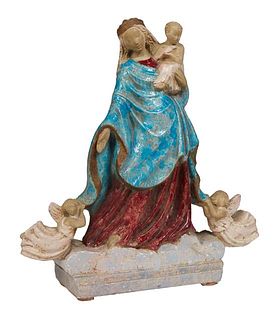 French Glazed Earthenware Figural Group, 20th c., of the Madonna and the infant Jesus, flanked by angels, on a stepped rectangular base signed "Guerle