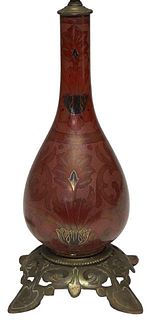 Bradley & Hubbard Art Nouveau Porcelain Baluster Vase Lamp, c. 1900, the gilt and floral decorated body with a long neck, on a pierced iron Art Nouvea