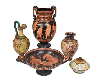 Five Greek Pottery Hand Painted Pottery Vessels, 20th c., after the antique, consisting of a large two handled urn with figural decoration; a pitcher 