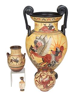 Four Greek Pottery Hand Painted Pottery Vessels, 20th c., after the antique, consisting of a large handled urn ; a small two handled baluster urn; a v