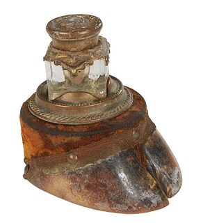 Victorian Hoof Inkwell, 1904, the hoof surmounted with a pressed glass inkwell, the brass hinged lid with repousse cherub decoration, the hoof engrave