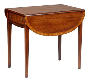 English Style Inlaid and Banded Mahogany Drop Leaf Pembroke Table, 20th c., by Wellington Hall, with rounded corner leaves, the circular top over an e