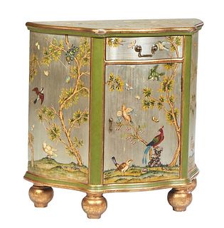 Gold and Silver Painted Bird Bombe Side Cabinet, 20th c., the serpentine bowed top hand painted with birds in trees, above a like painted bowed frieze