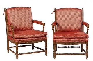 Pair of French Provincial Style Carved Walnut Ladderback Fauteuils, 20th c., the removable cushioned ladderback to upholstered arms and a removable cu