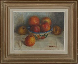 Henri Burany (French), "Still Life of Apples," 20th c., oil on board, signed lower right, presented in a wood frame, H.- 10 1/8 in., W.- 13 1/4 in., F