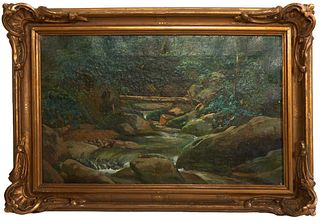 Continental School, "Wooded Ravine," early 20th c., oil on canvas, unsigned, presented in a gilt frame, H.- 10 1/4 in., W.- 15 5/8 in., Framed H.- 14 