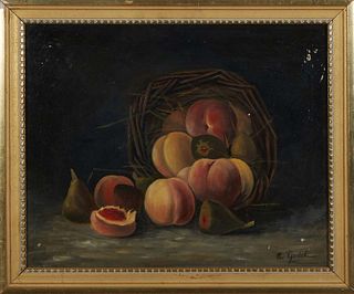 M. Godet (French), "Still Life of Peaches and Figs," late 19th/early 20th c., signed lower right, presented in a gilt frame, H.- 14 1/2 in., W.- 17 5/