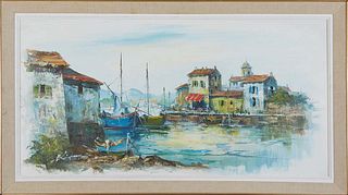 A. Simpson, "Harbor Scene," 20th c., oil on canvas, signed lower left, presented in a linen frame, H.- 15 7/8 in., W.- 31 2/4 in., Framed H.- 20 in., 