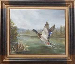 Irene Pages (French, 1934-), "Duck in Flight," 20th c., oil on canvas, signed lower right, presented in a polychromed frame, H.- 17 1/2 in., W.- 21 in