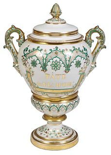 French Porcelain Lidded Apothecary Jar, early 20th c., with handles, and gilt and green floral decoration, the side marked "Pate de FL:D'OR," H.- 19 1