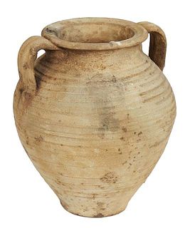 Judean Pottery Amphora, 100 BC-200 AD, of tapered form, with two ring handles, over baluster ribbed sides to a circular base, with a COA from the deal