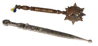 Two Continental Pieces, 20th c., consisting of a Spanish short sword, with a relief Damascene handle and scabbard, H.- 19 3/4 in., W.- 1 3/4 in., D.- 