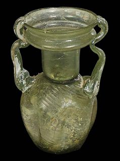Ancient Roman Glass Amphora, the bulbous body with two applied handles, H.- 5 in., W.- 3 1/4 in., D.- 2 3/4 in.