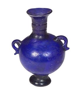 Ancient Roman Cobalt Blue Glass Perfume Jar, with ring handles, H.- 4 7/8 in., W.- 3 3/4 in., D.- 2 7/8 in.