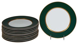 Set of Twelve Porcelain Dinner Plates, 20th c., by Fitz and Floyd, in the "Renaissance" Pattern, with gilt rims around wide dark green banding, H.- 7/