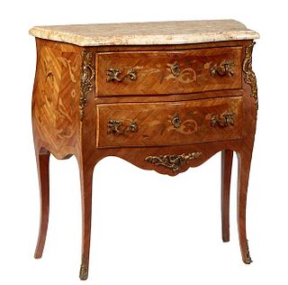 French Louis XV Style Marquetry Inlaid Walnut Ormolu Mounted Marble Top Bombe Commode, early 20th c., the stepped highly figured ocher marble over two