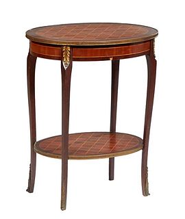 French  Inlaid Walnut Louis XV Style Ormolu Mounted Oval Lamp Table, 20th c., the brass bound oval top with parquetry inlay, on cabriole legs with orm