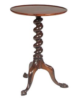 English Carved mahogany Chippendale Style Candle Stand, c. 1900, the dished circular top on a rope twist carved support to tripodal cabriole legs with