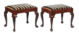 Pair of Carved Mahogany Queen Anne Style Stools, 19th c., the slip seat over a wide skirt, on cabriole legs with pointed toes, now in green and creme 