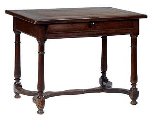 French Provincial Louis XIV Style Carved Cherry Writing Table, 19th c., the rectangular top over a long frieze drawer, on turned tapered legs joined b