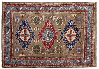 Uzbek Triple Medallion Kazak Carpet, 5' x 7'.