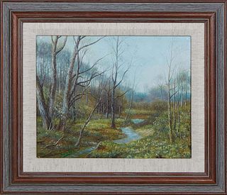 Sanchez, "View of a Creek in the Woods," c. 1999, oil on board, signed "Sanchez" lower left, with a date stamped en verso, and "Angel Ramiro Sanchez" 