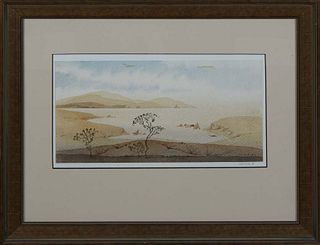 Meu'Tyb, "Desert and the Sea," 1990, watercolor on paper, signed in pencil on lower right of piece and on mat below, presented in a gilt frame, H.- 5 