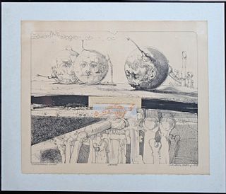 Robert Allen Nelson (1925-2021, Pennsylvania/Wisconsin), "Cannonball Cadre," 1978, embellished lithograph with collage, signed "NELSON, ROBT. A" and d