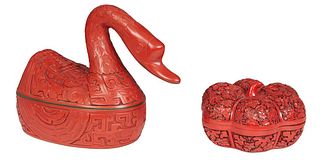 Two Pieces of Cinnabar, 20th c., consisting of a swan form covered box, H.- 7 3/4 in., W.- 11 in., D.- 4 1/2 in.; and a lobed hexagonal covered box, w