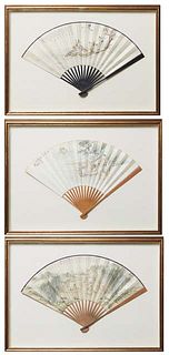 Three Chinese Hand Painted Paper Fans, 20th c., ink and watercolor with figural and landscape decoration, on bamboo spines, presented in gilt shadowbo