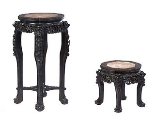 Two Matching Chinese Carved Mahogany Marble Top Tabourets, early 20th c., e the beaded edge top with an inset highly figured rouge marble over a pierc