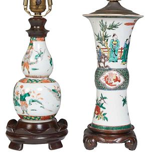 Two Chinese Porcelain Vases, late 19th c., with figural and floral decoration, one of waisted form, the second of bulbous form, both now mounted on ca