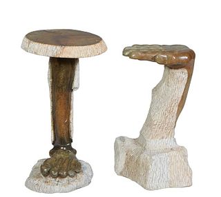 Pair of Unusual Carved Soapstone and Cast Stone Stools, 20th c., in the form of a hand, on a shaped square support, to an integral base; the other wit