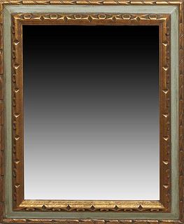 Gilt and Polychromed Gesso Overmantel Mirror, 20th c., with a carved frame around a polychromed border and a carved gilt liner around the rectangular 
