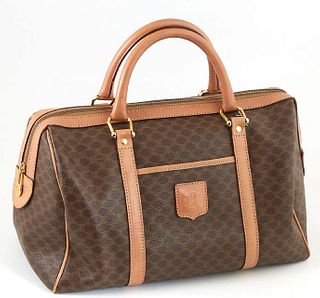 Celine Brown Macadam Coated Canvas MM Vintage Boston Handbag, the exterior front with an open pouch and Celine emblem, the light brown leather trim an