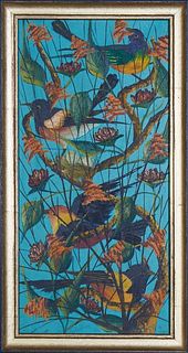 Gesner Abelard (Haitian, 1922-), "Four Birds Perched on a Tree," 20th c., oil on board, signed on bottom, presented in a gilt and black frame, H.- 15 